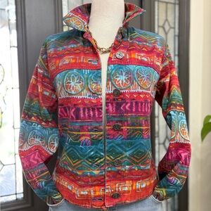 Chico’s Design Vintage Abstract Southwest Inspired Print 100%Cotton Denim Jacket